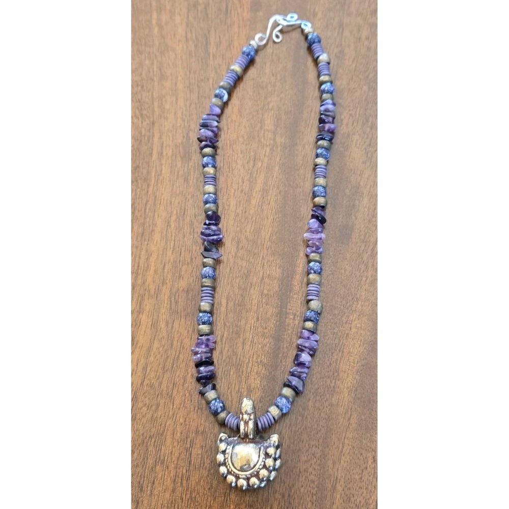 VTG Chunky Silver Tone Bell Pendant Amythest Beaded Necklace Ethnic Handcrafted